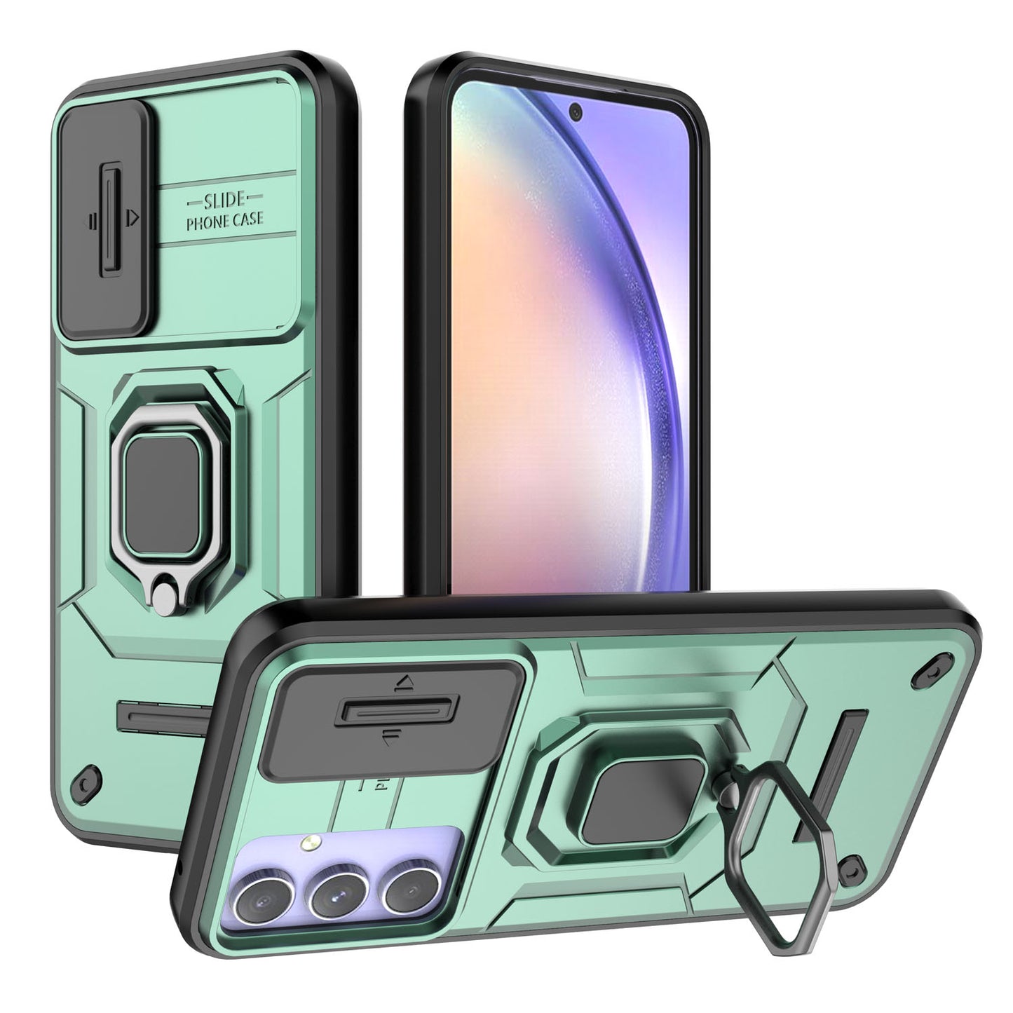 Samsung Galaxy A54 5G Heavy Duty Shockproof Case with Built in Slide Camera Lens Cover and Kickstand, Green