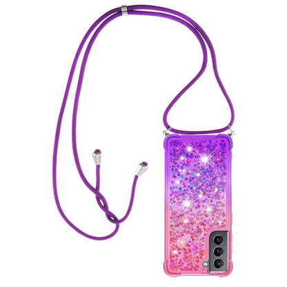 Samsung Galaxy S21 5G Gradient Quicksand Liquid Shockproof Case with Adjustable Lanyard, PINK&P&LANYARD