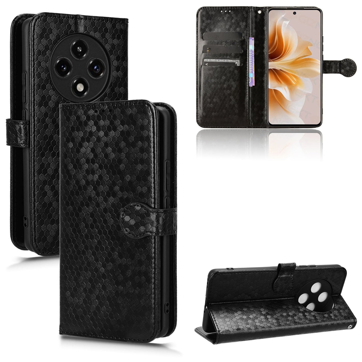 Slim Flip Polka-Dots Phone Case with Card Holder for OPPO A3 Pro 5G, Black