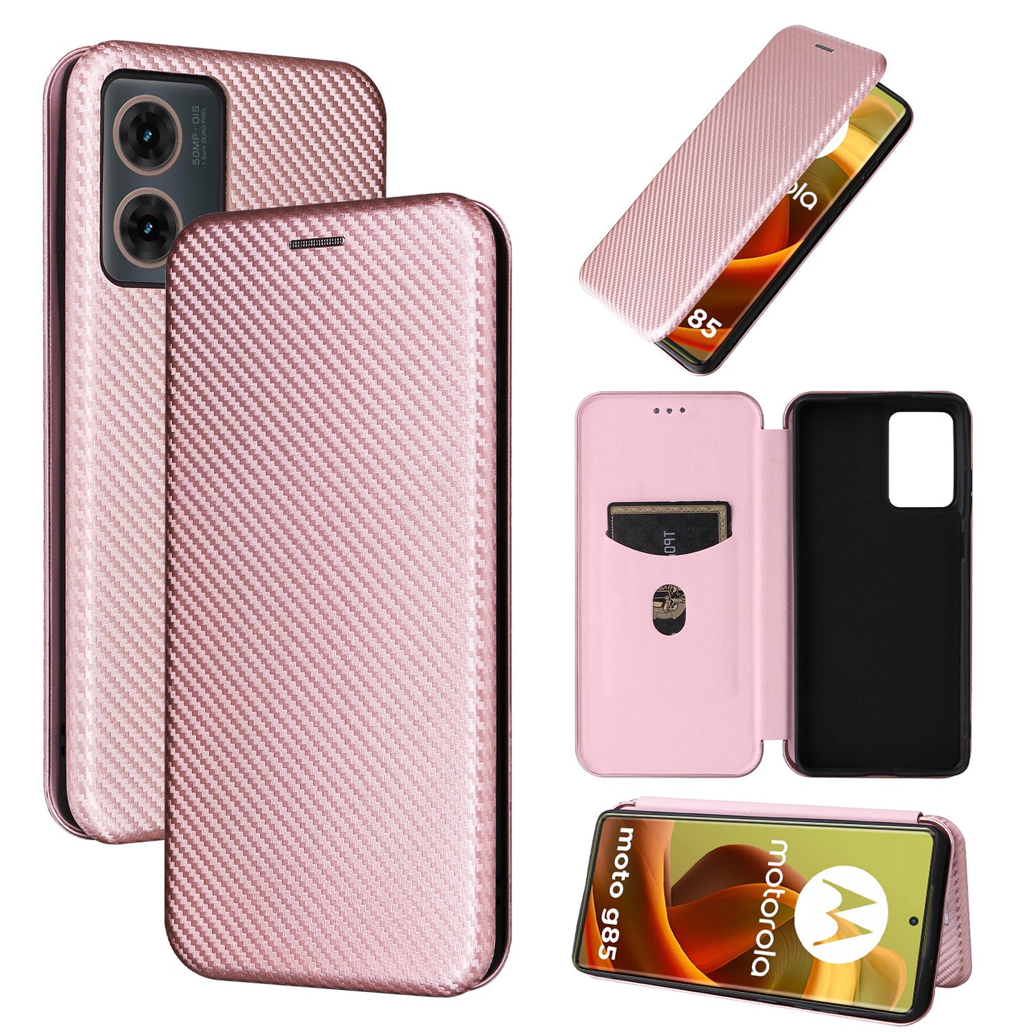 Carbon Fiber Flip Case for Moto G85 5G, Rose Gold