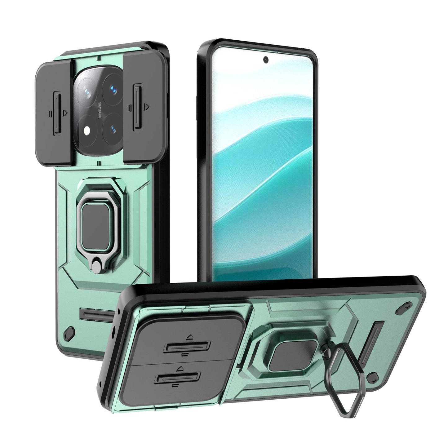 Redmi Note 14 Pro Plus 5G Heavy Duty Shockproof Case with Built in Slide Camera Lens Cover and Kickstand, Green