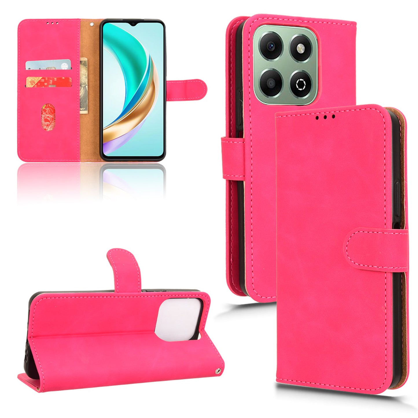 Wallet Case with Card Holder Flip Magnetic Protective Cover for Honor X6b, Pink