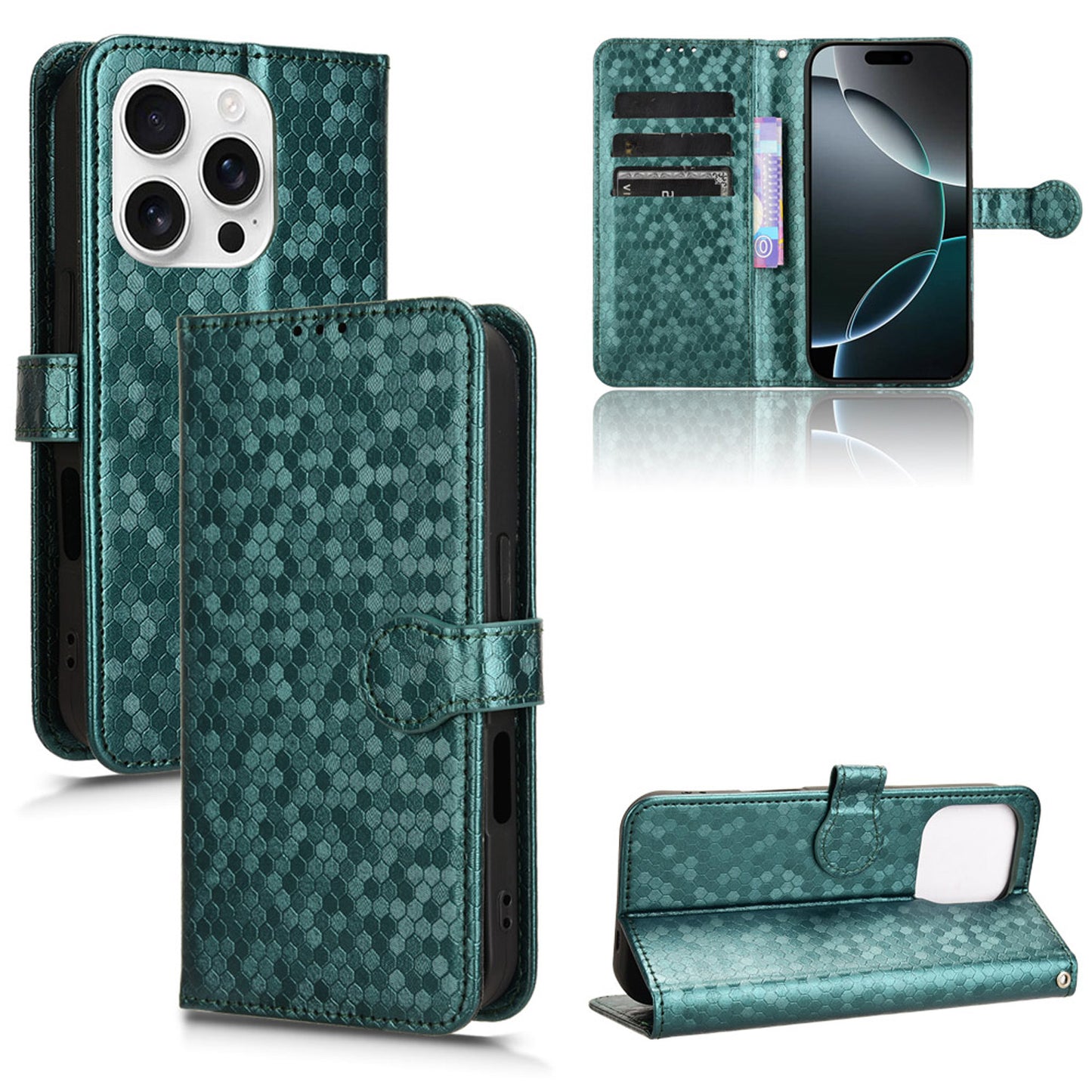 Slim Flip Polka-Dots Phone Case with Card Holder for iPhone 16 Pro, Green