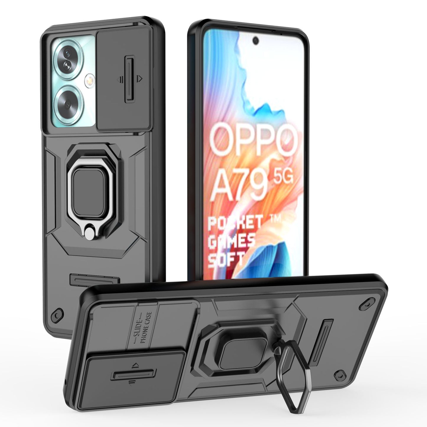 OPPO A79 5G Heavy Duty Shockproof Case with Built in Slide Camera Lens Cover and Kickstand, Black