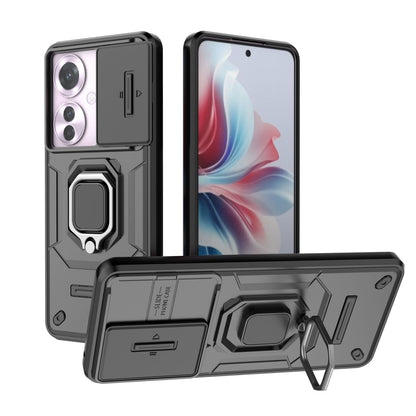 OPPO Reno11 F 5G Heavy Duty Shockproof Case with Built in Slide Camera Lens Cover and Kickstand, Black