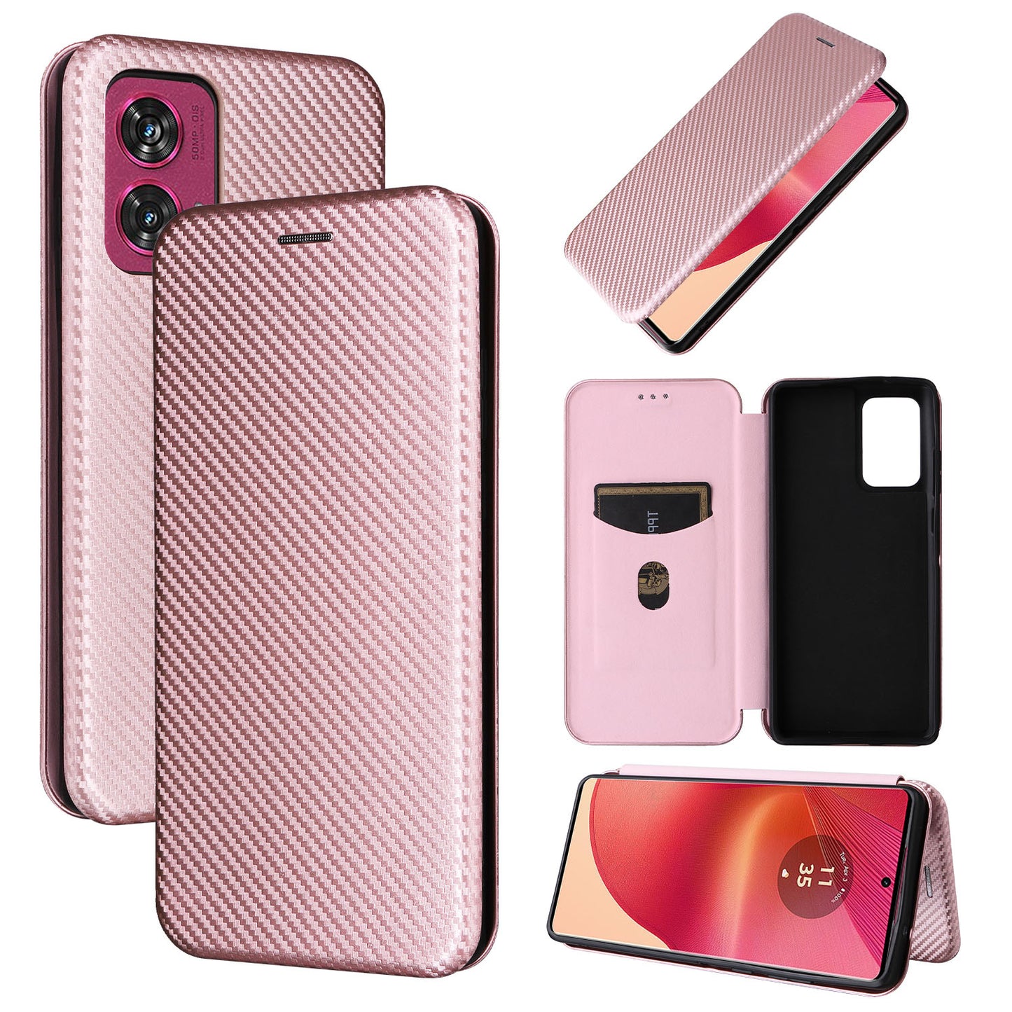 Carbon Fiber Flip Case for Motorola Edge 50 Fusion, Rose Gold