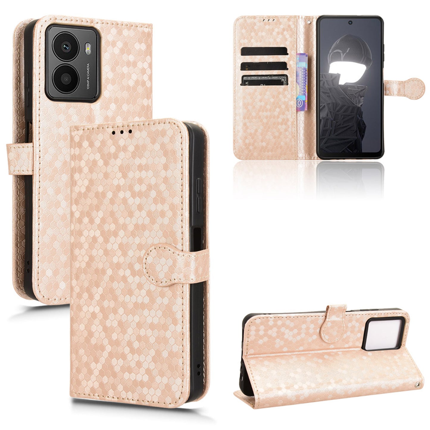 Slim Flip Polka-Dots Phone Case with Card Holder for HMD Fusion, Rose Gold