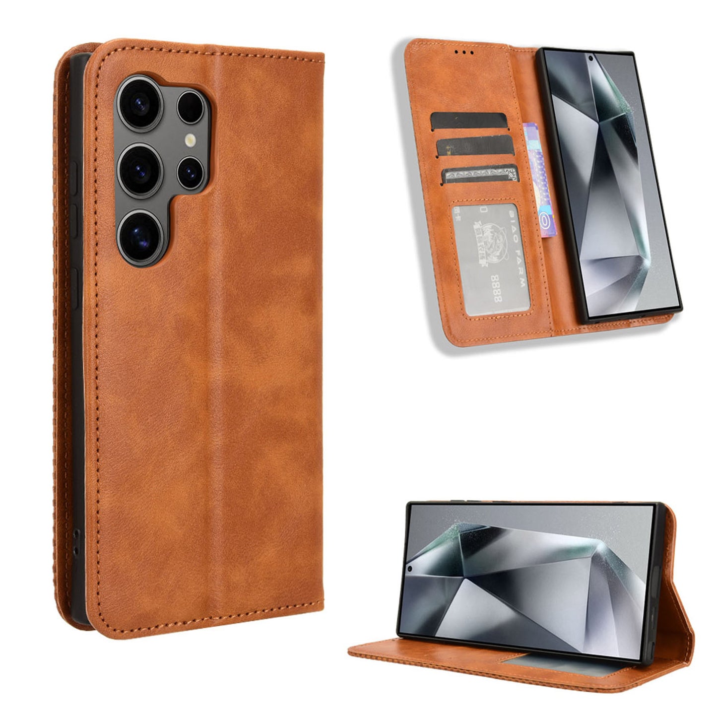 Samsung Galaxy S24 Ultra Flip Folio Case with Card Holder Hidden Magnetic, Brown