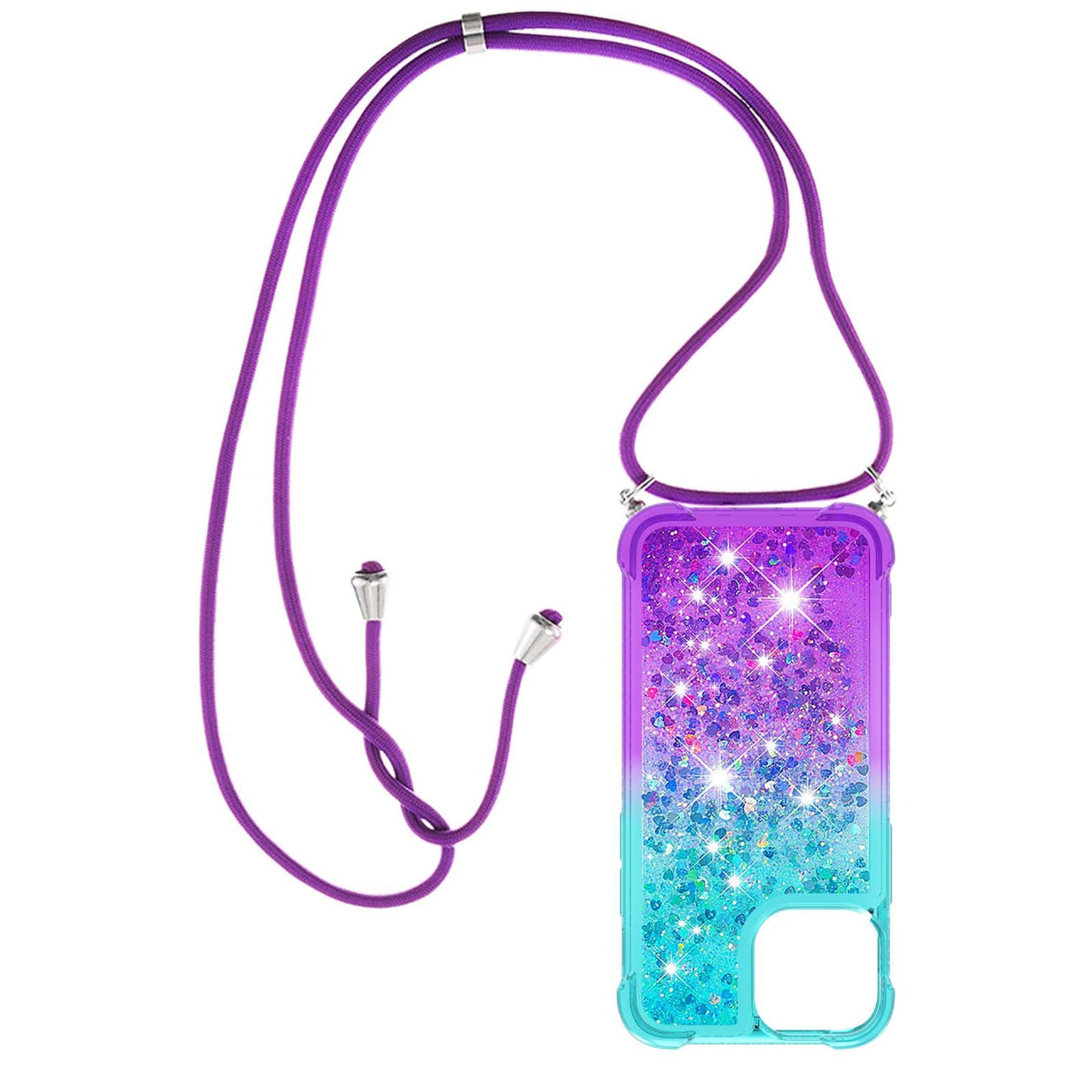 iPhone 13 Mini Gradient Quicksand Liquid Shockproof Case with Adjustable Lanyard, B&P&LANYARD