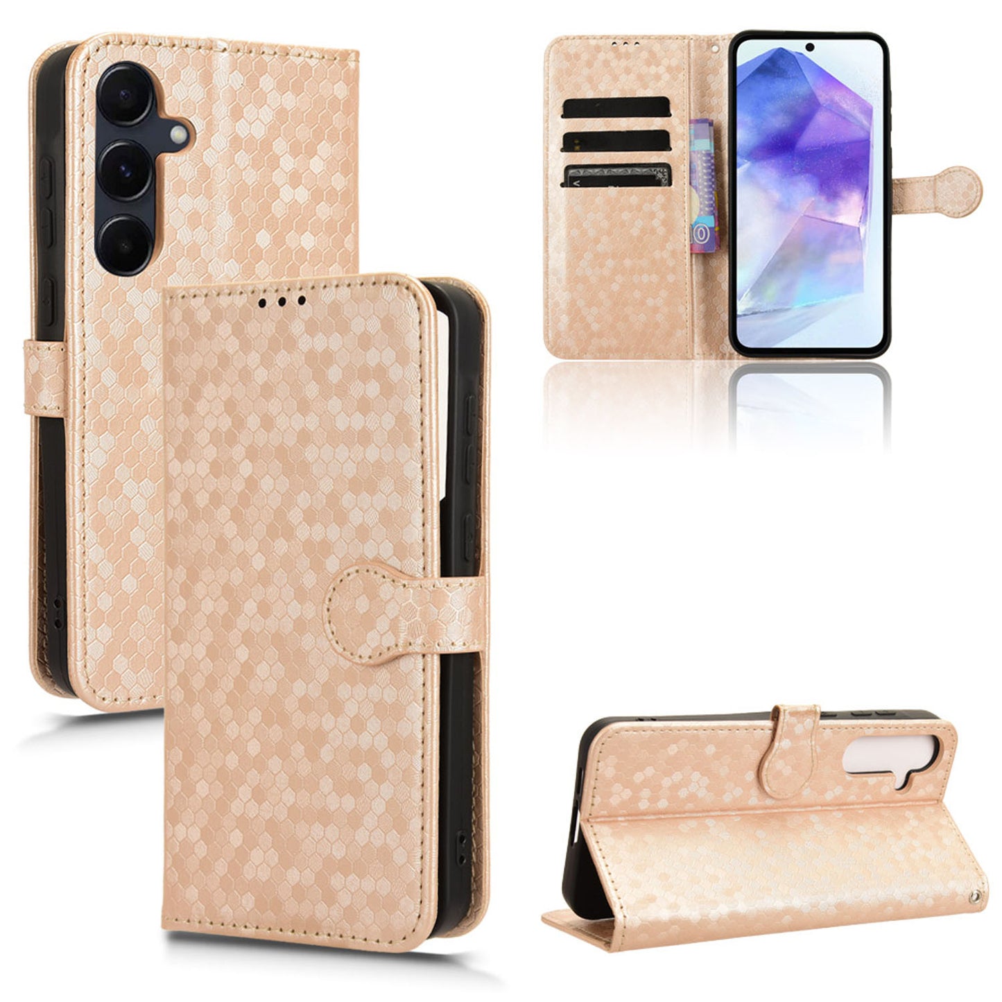 Slim Flip Polka-Dots Phone Case with Card Holder for Samsung Galaxy A55 5G, Rose Gold