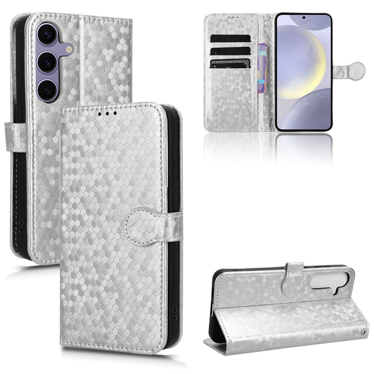 Slim Flip Polka-Dots Phone Case with Card Holder for Samsung Galaxy S24+, Silver