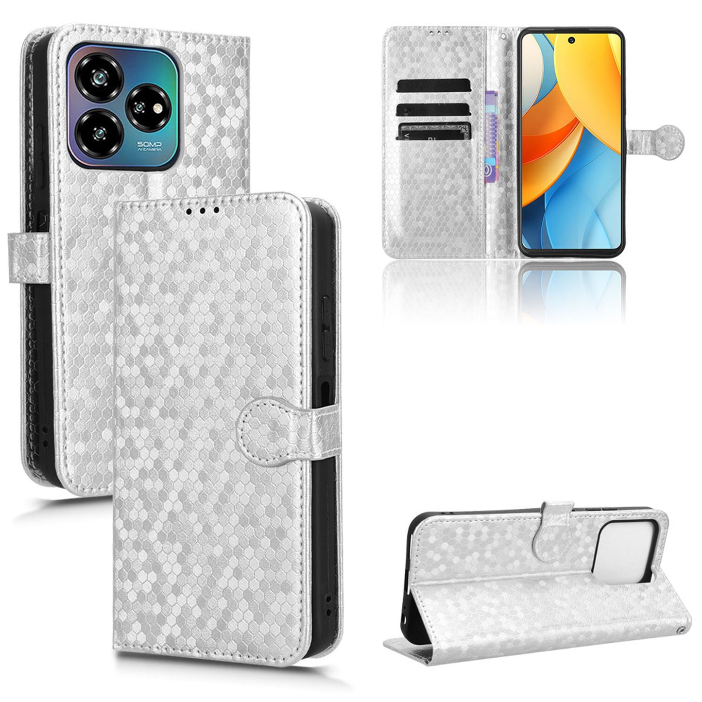 Slim Flip Polka-Dots Phone Case with Card Holder for ZTE Axon 60 Lite, Silver