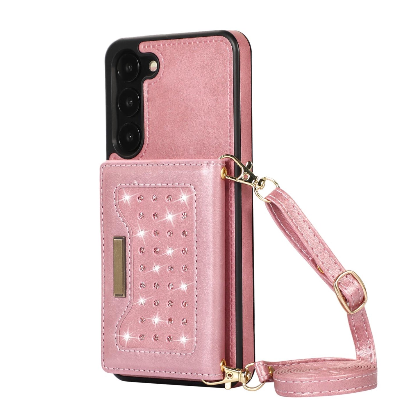 Crossbody Strap Bling Glitter Leather Flip Case for Samsung Galaxy S23, Rose Gold