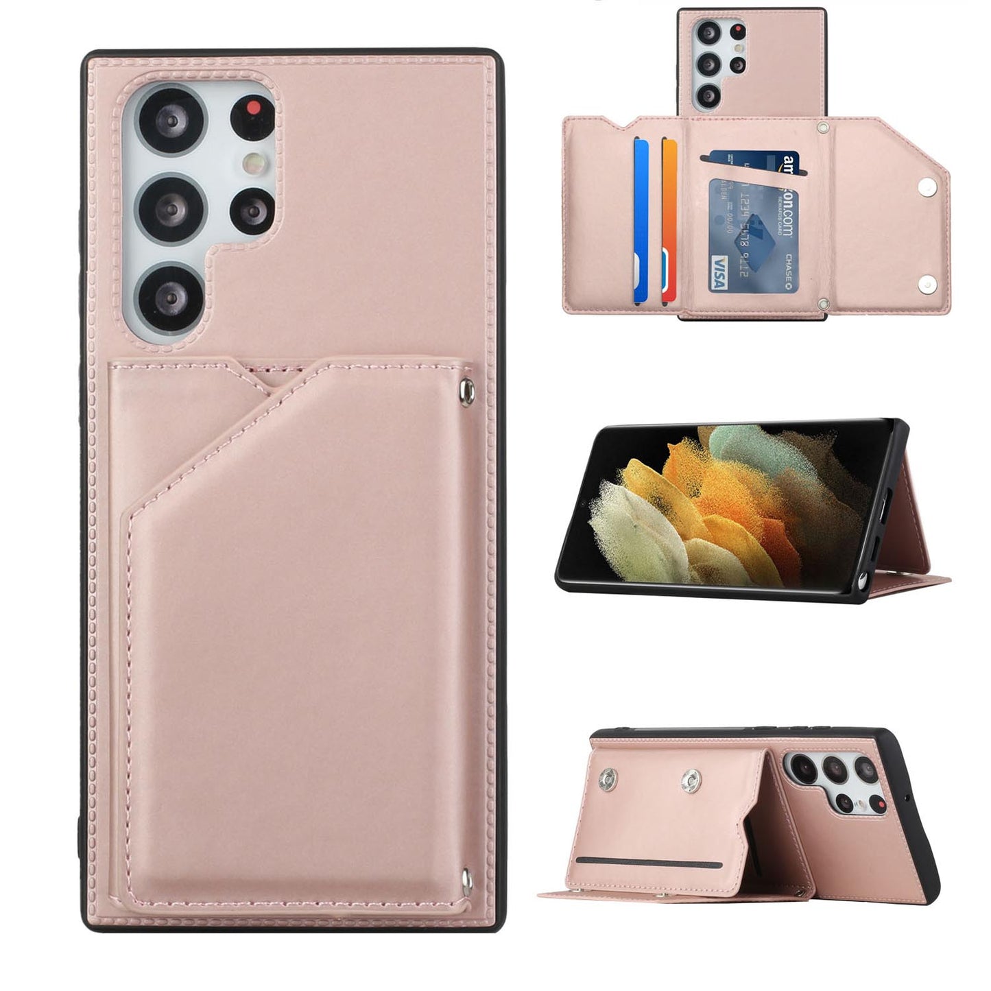 PU Leather Flip Shockproof Protective Cover for Samsung Galaxy S23 Ultra, Rose Gold