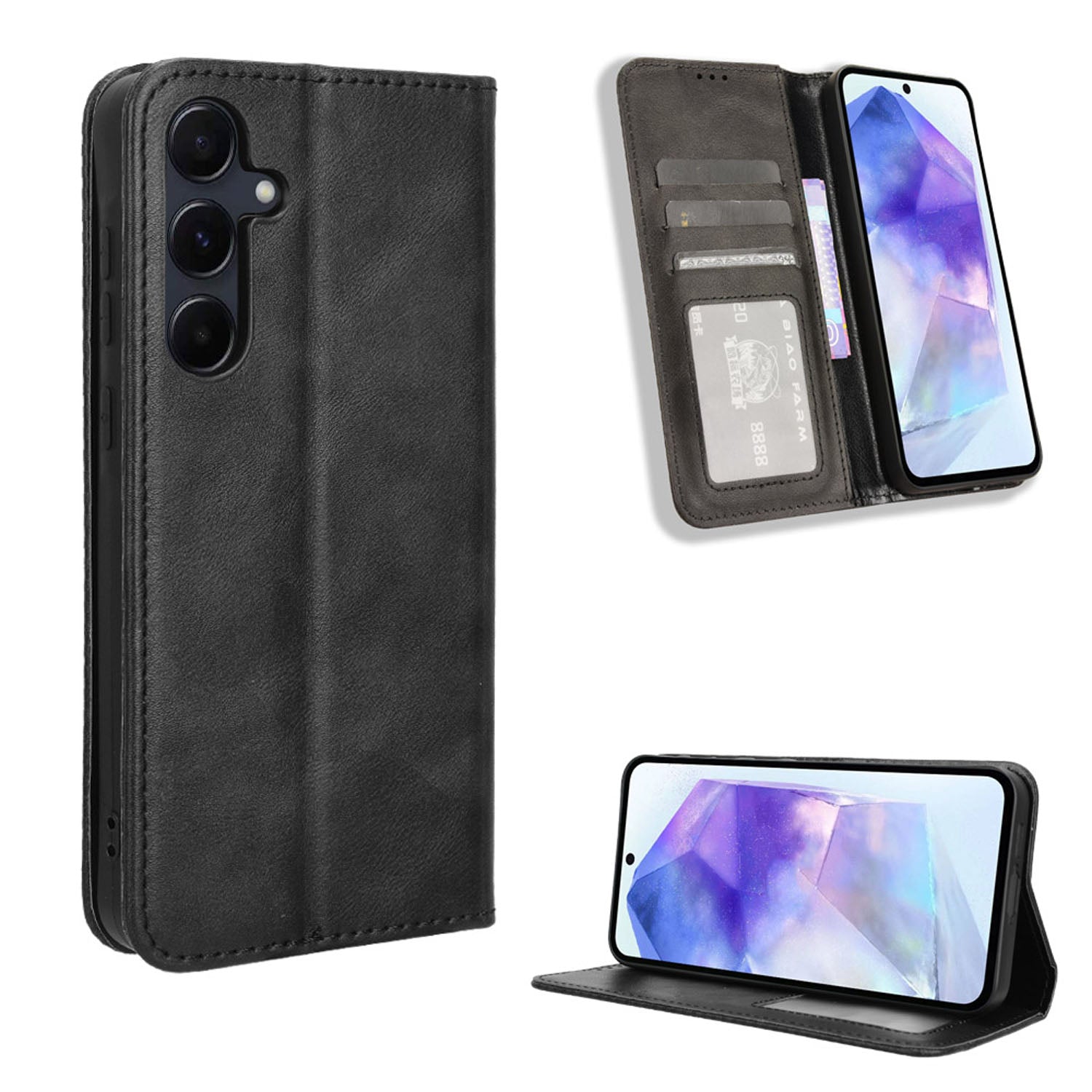 Samsung Galaxy A55 5G Flip Folio Case with Card Holder Hidden Magnetic, Black