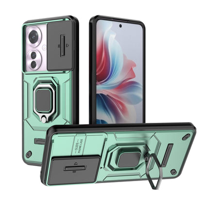 OPPO Reno11 F 5G Heavy Duty Shockproof Case with Built in Slide Camera Lens Cover and Kickstand, Green