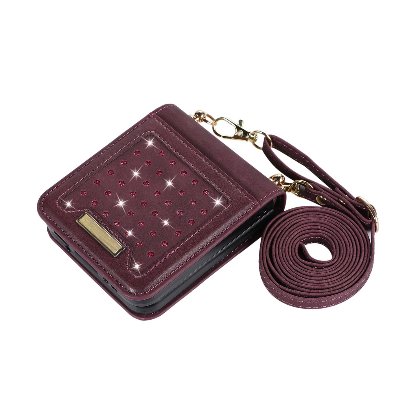 Crossbody Strap Bling Glitter Leather Flip Case for Samsung Galaxy Z Flip5, Red