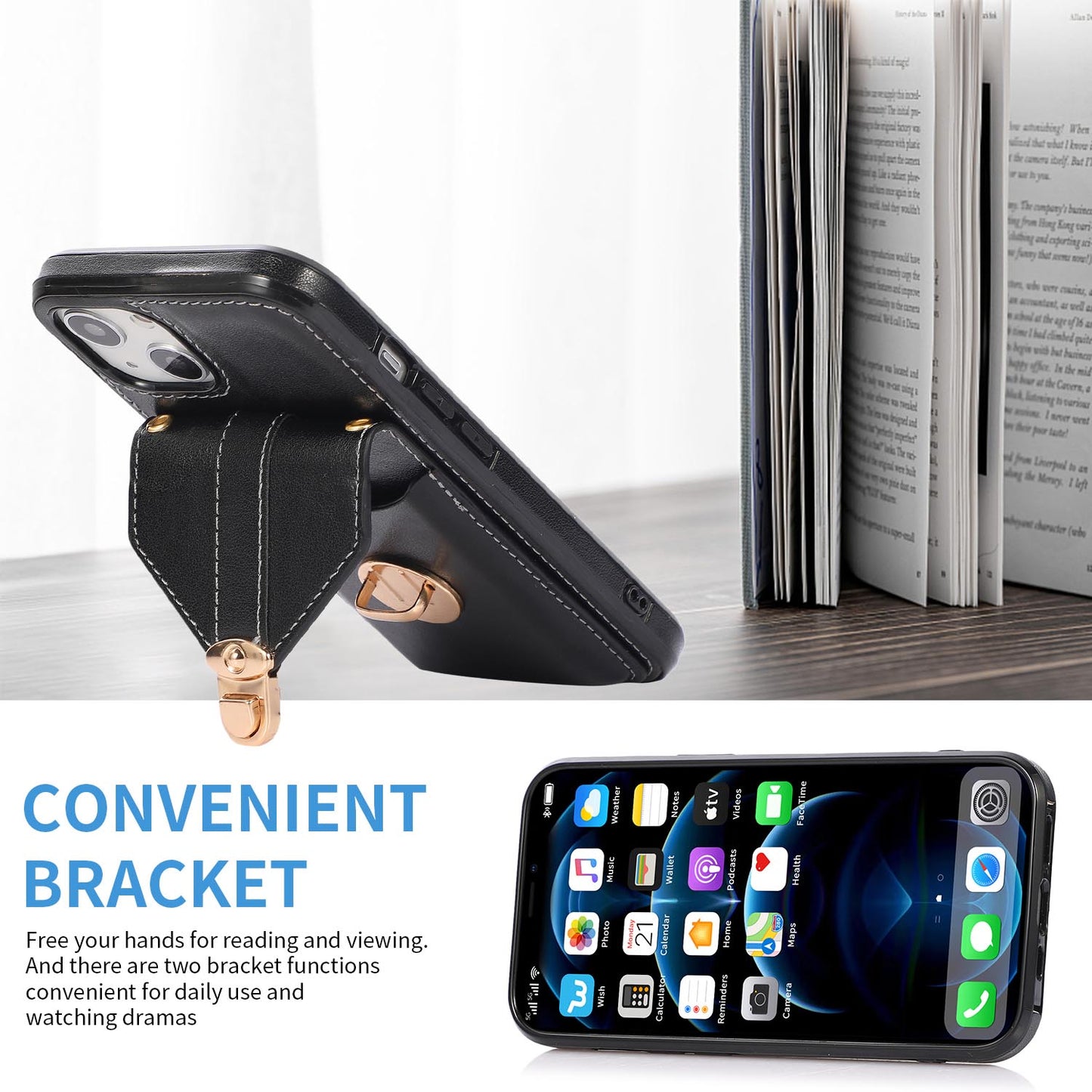 Crossbody Wallet Case with Wrist Strap Shoulder Protective Cover for iPhone 15