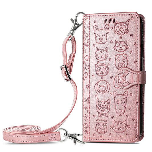 Wallet Case for iPhone 16e 15 Pro Max, Embossed Pattern Cartoon Style Crossbody Flip Phone Cover - Catdogyhgs Series