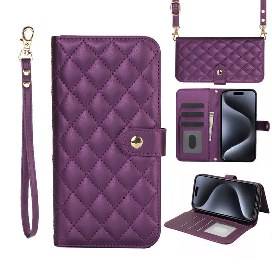 For iPhone 16e 15 Pro Max Crossbody Wallet Case with Card Holder, Quilted Leather Wrist Strap RFID Blocking Case - Dgnxxfgs Series