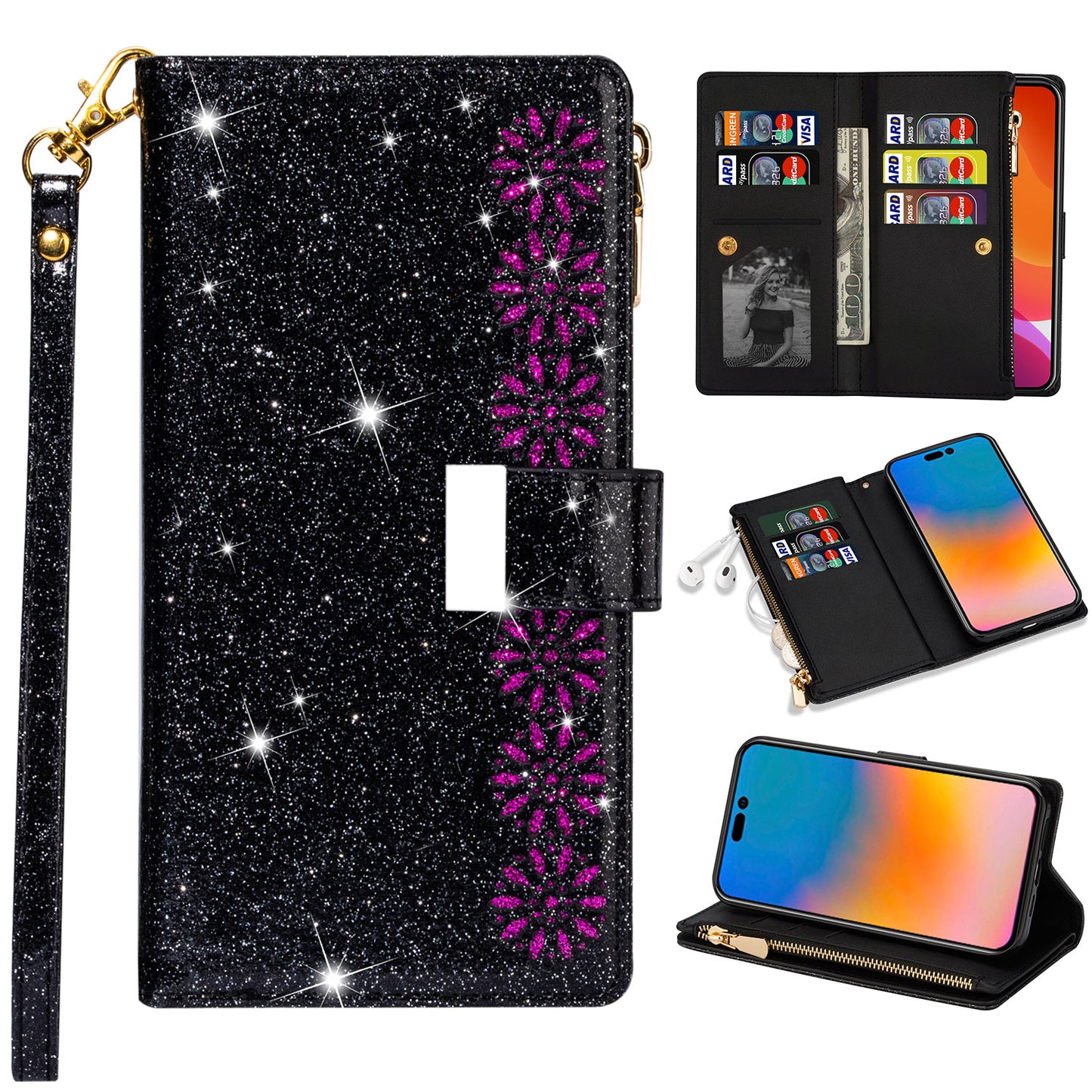 For Galaxy S25 Edge S24 Wallet Case with 9 Card Slots and Zipper Pocket, PU Leather Phone Cover - Dkxkld Series