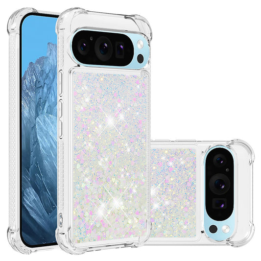 For Google Pixel 9A 8 Pro Case, Soft TPU Glitter Floating Liquid Phone Cover, Support Wireless Charging - Fslswt Series