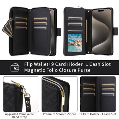 Wallet Case for iPhone 16e 15 Pro Max with Wrist Strap Crossbody Shoulder Strap, 9 Card Slots Zipper Purse, PU Leather Phone Cover - Hsxxfllgs Series
