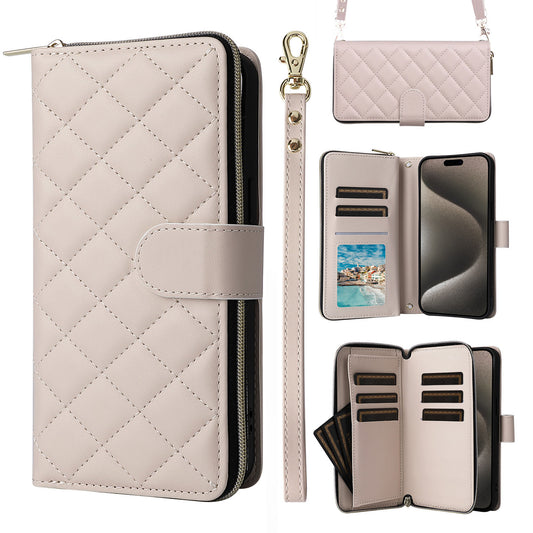 Wallet Case for iPhone 16e 15 Pro Max with Wrist Strap Crossbody Shoulder Strap, 9 Card Slots Zipper Purse, PU Leather Phone Cover - Hsxxfllgs Series