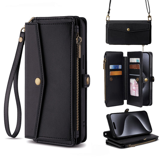 Crossbody Wallet Case for Galaxy S25 Edge S24 FE, 5-Card Holder Magnetic Snap Strap Zipper Pocket Phone Cover - Llckdgngs Series