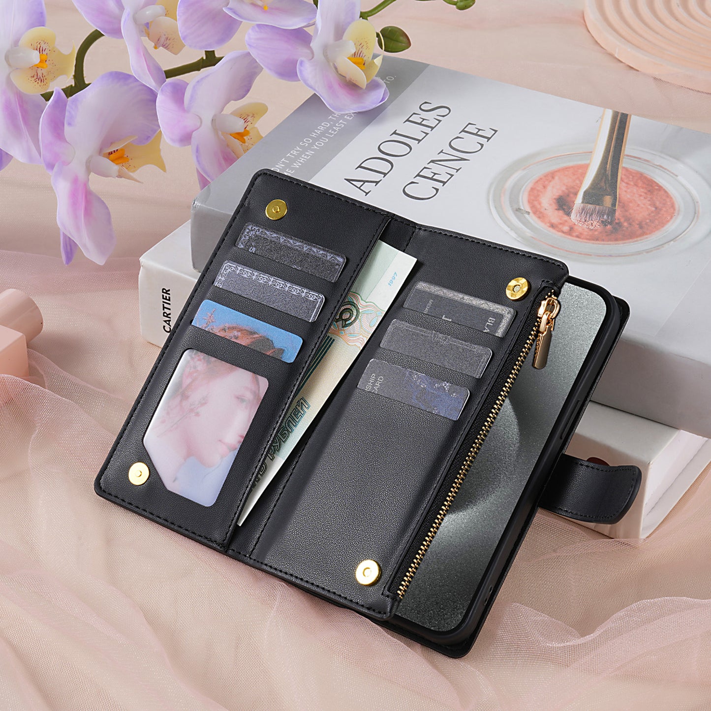 For iPhone 17 16 15 Pro Max Wallet Case, PU Leather Crossbody Phone Cover with Wrist Strap Zipper Card Holder - Pierfbq Series