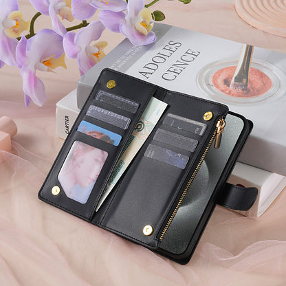 For iPhone 17 16 15 Pro Max Wallet Case, PU Leather Crossbody Phone Cover with Wrist Strap Zipper Card Holder - Pierfbq Series