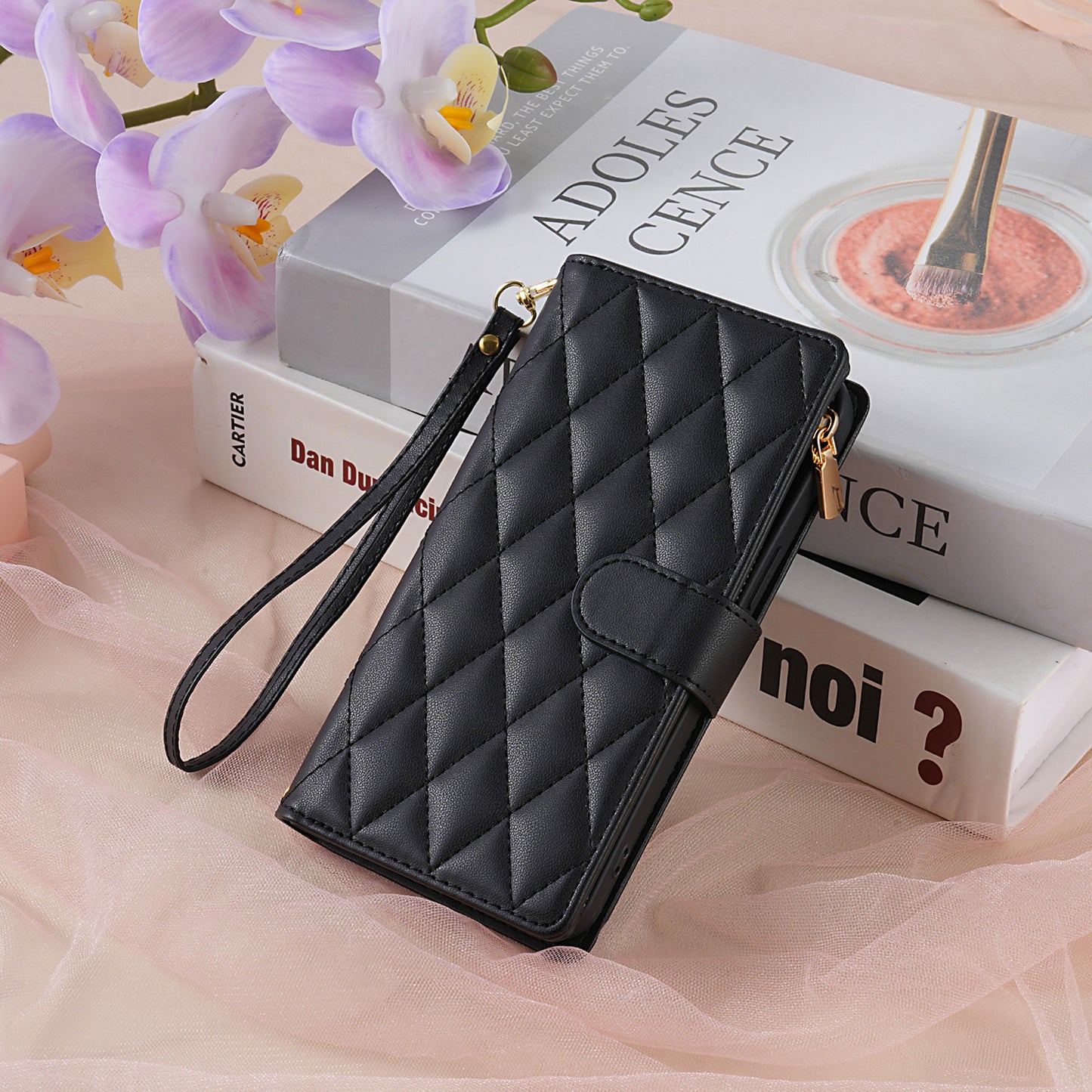 For iPhone 17 16 15 Pro Max Wallet Case, PU Leather Crossbody Phone Cover with Wrist Strap Zipper Card Holder - Pierfbq Series