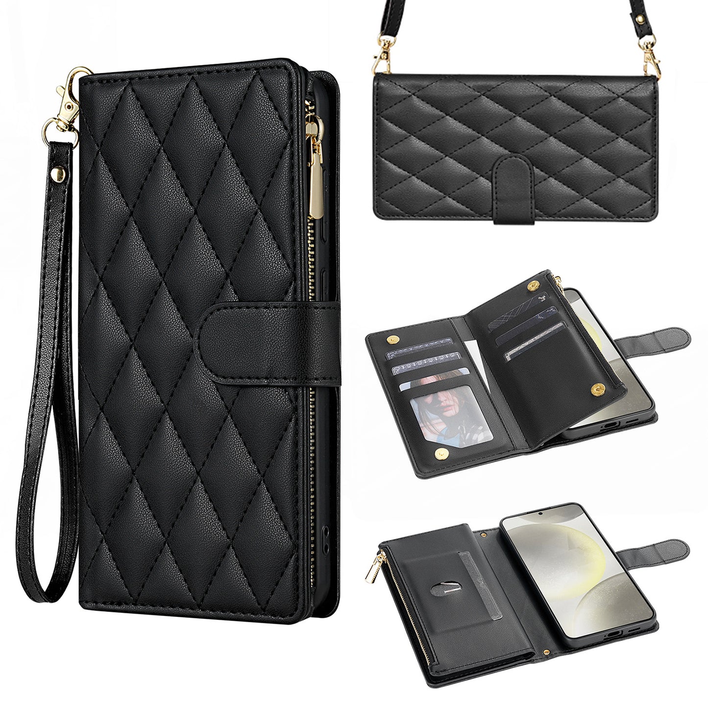 For iPhone 17 16 15 Pro Max Wallet Case, PU Leather Crossbody Phone Cover with Wrist Strap Zipper Card Holder - Pierfbq Series