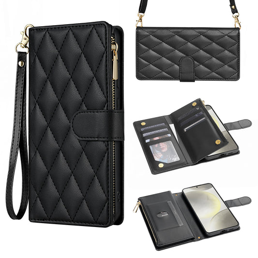 For Galaxy S25 Edge S24 Wallet Case, PU Leather Crossbody Phone Cover with Wrist Strap Zipper Card Holder - Pierfbq Series