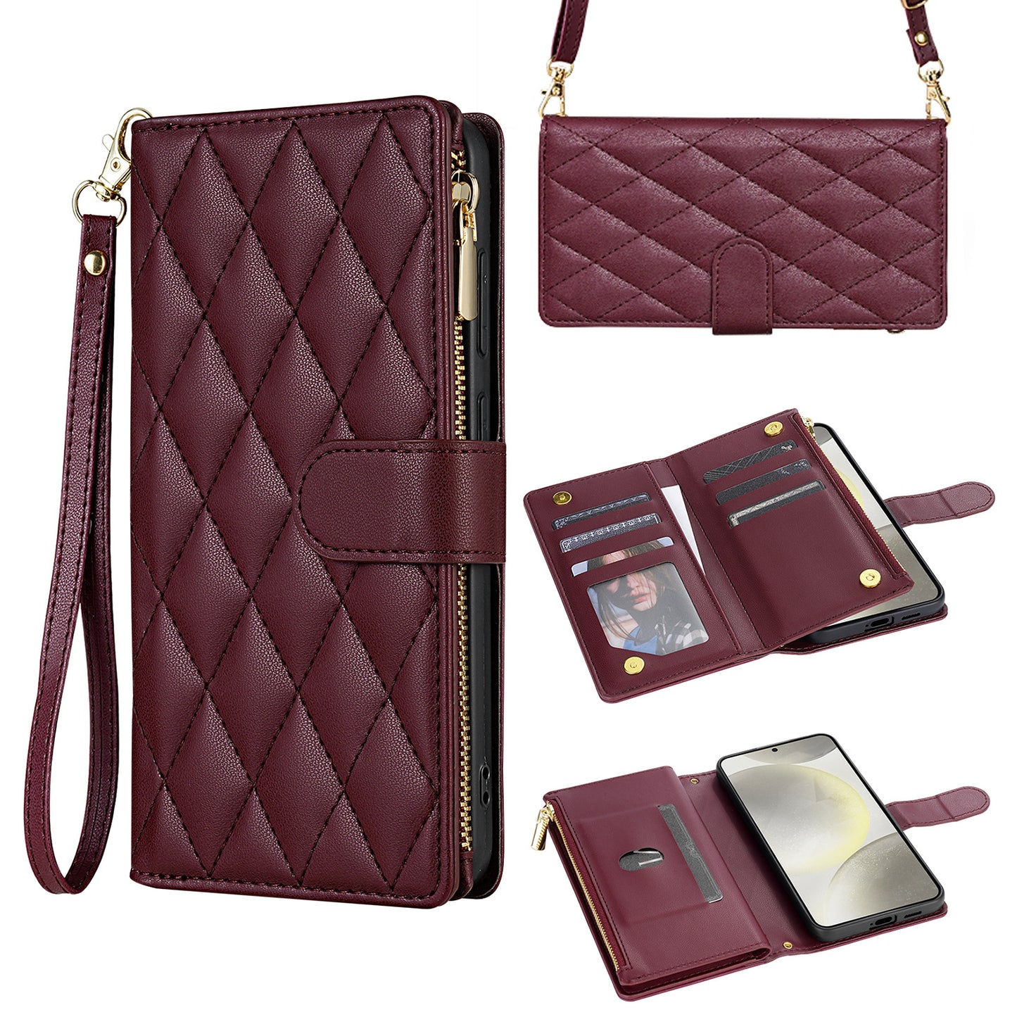 For iPhone 17 16 15 Pro Max Wallet Case, PU Leather Crossbody Phone Cover with Wrist Strap Zipper Card Holder - Pierfbq Series