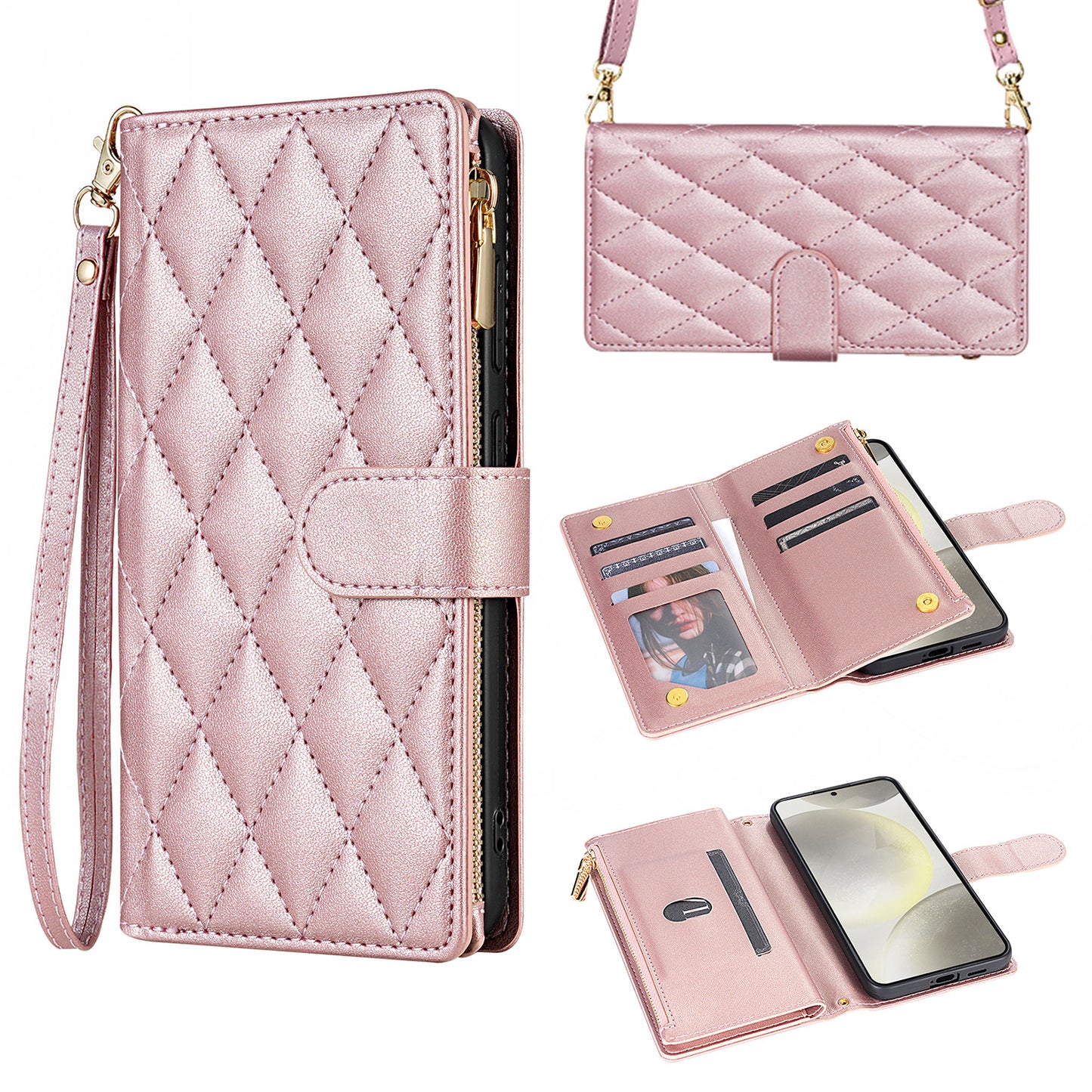 For iPhone 17 16 15 Pro Max Wallet Case, PU Leather Crossbody Phone Cover with Wrist Strap Zipper Card Holder - Pierfbq Series