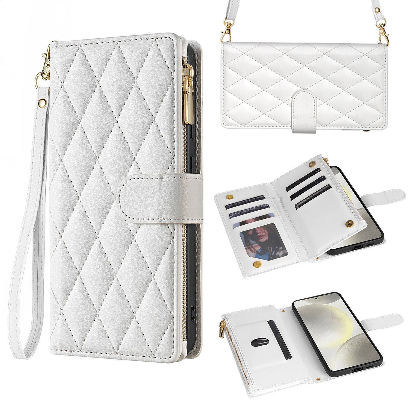 For iPhone 17 16 15 Pro Max Wallet Case, PU Leather Crossbody Phone Cover with Wrist Strap Zipper Card Holder - Pierfbq Series
