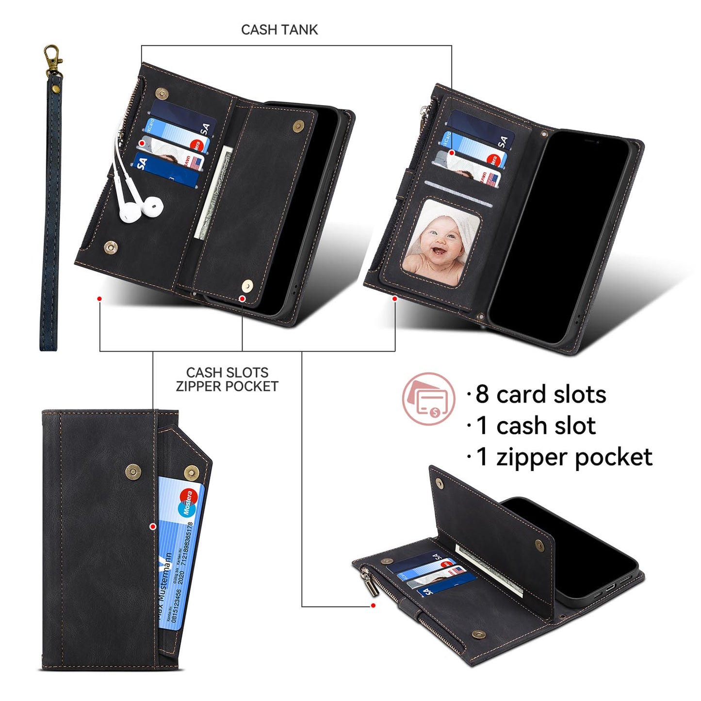Wallet Case for Google Pixel 9A 8 Pro with RFID Blocking Card Holder, PU Leather Magnetic Flip Zipper Phone Cover - Xcrfid Series