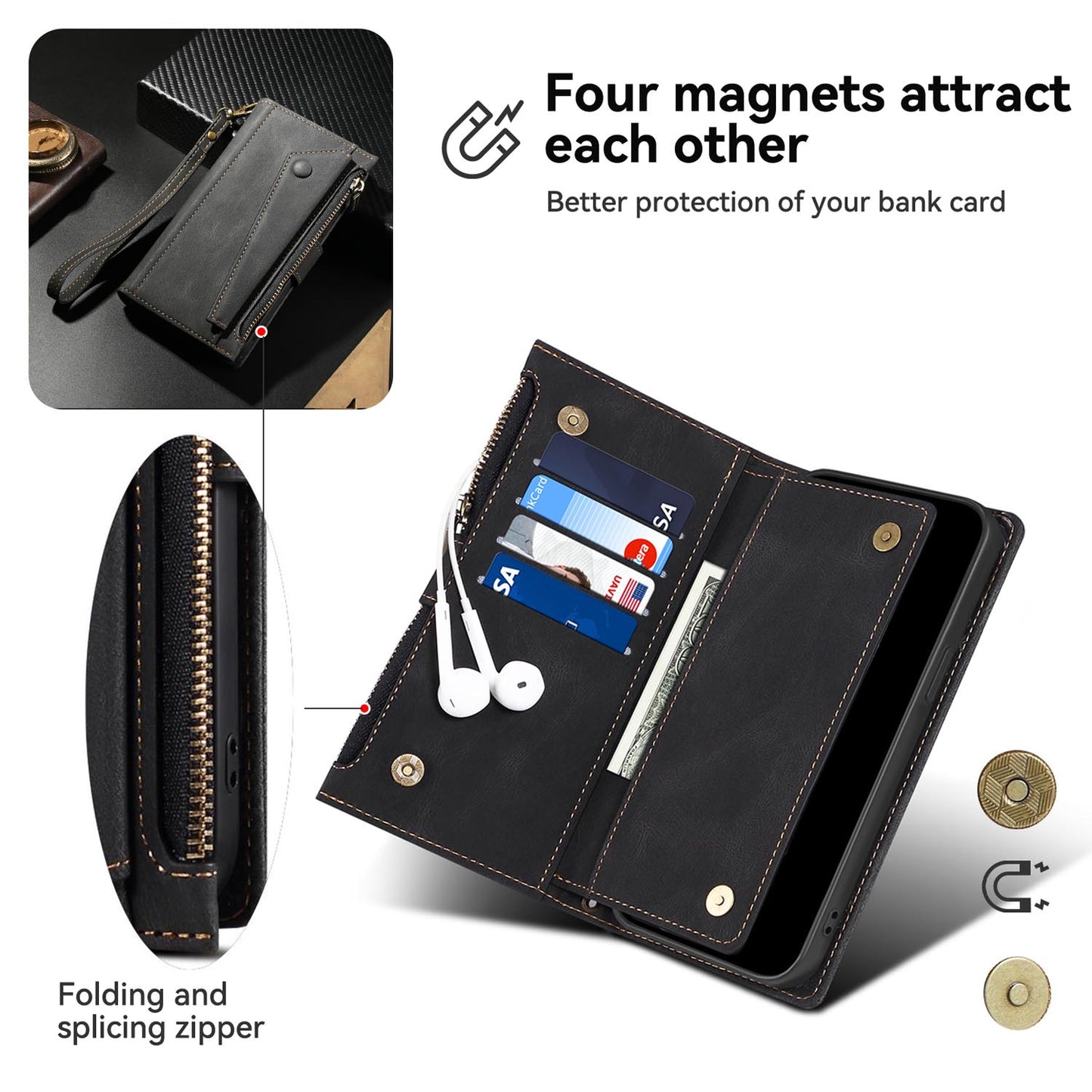 Wallet Case for Google Pixel 9A 8 Pro with RFID Blocking Card Holder, PU Leather Magnetic Flip Zipper Phone Cover - Xcrfid Series