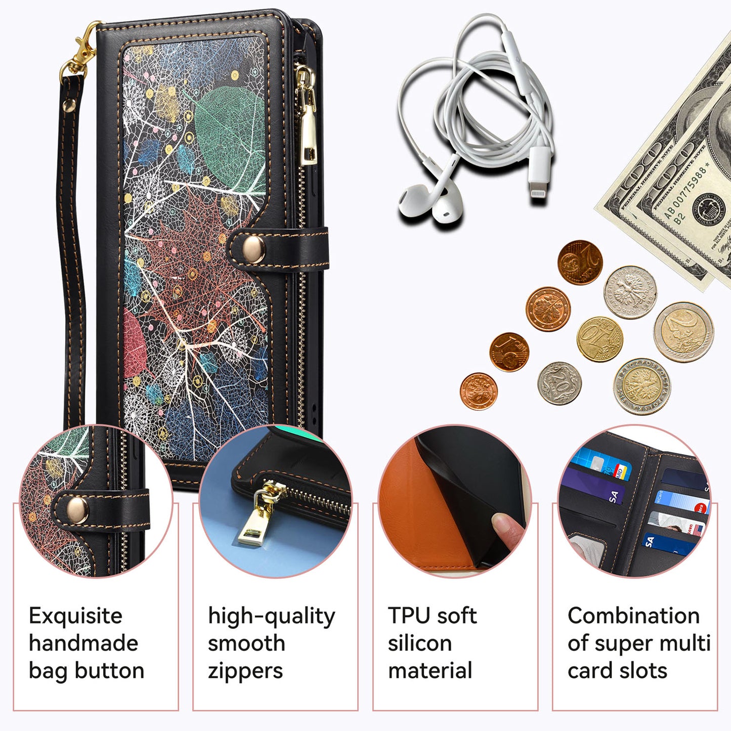 Wallet Case for Galaxy A56 A55 5G, Crossbody Phone Cover for Women, PU Leather Zipper with Wrist Strap Flip Cover - Xingyrfid Series