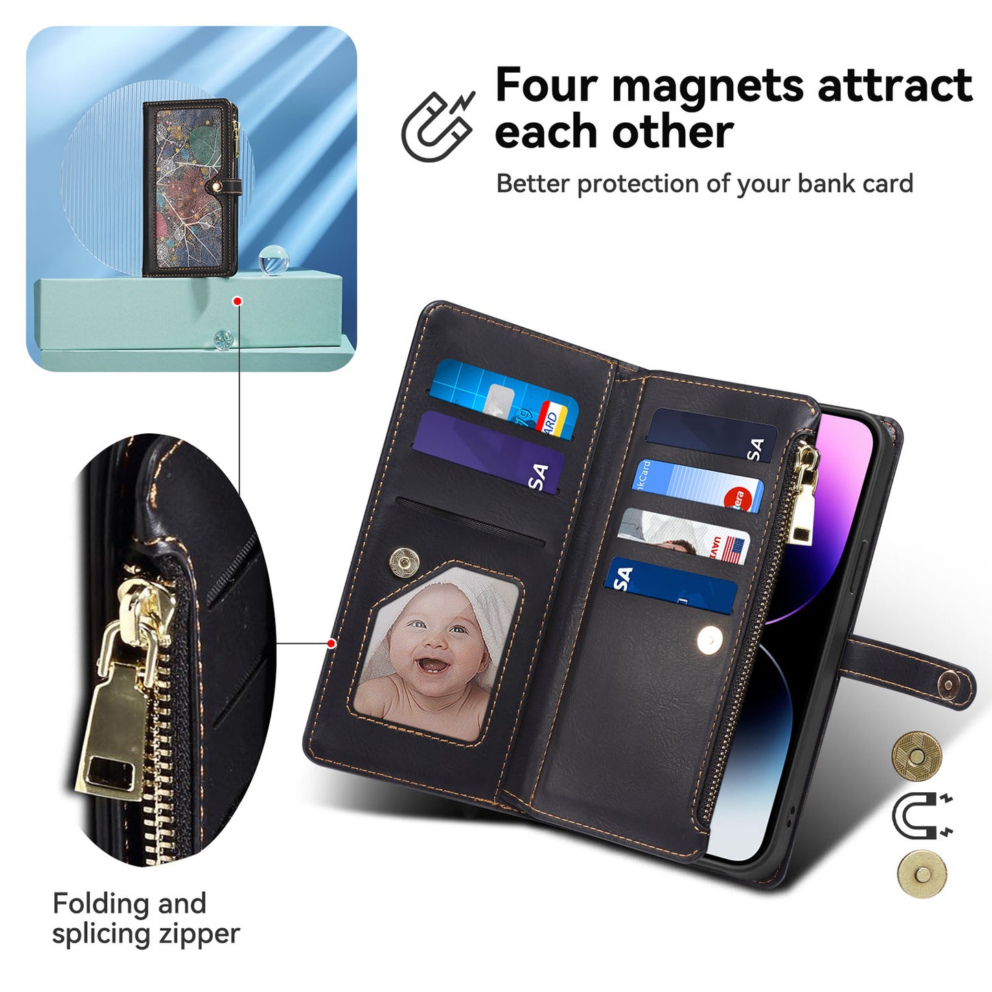Wallet Case for Galaxy A56 A55 5G, Crossbody Phone Cover for Women, PU Leather Zipper with Wrist Strap Flip Cover - Xingyrfid Series
