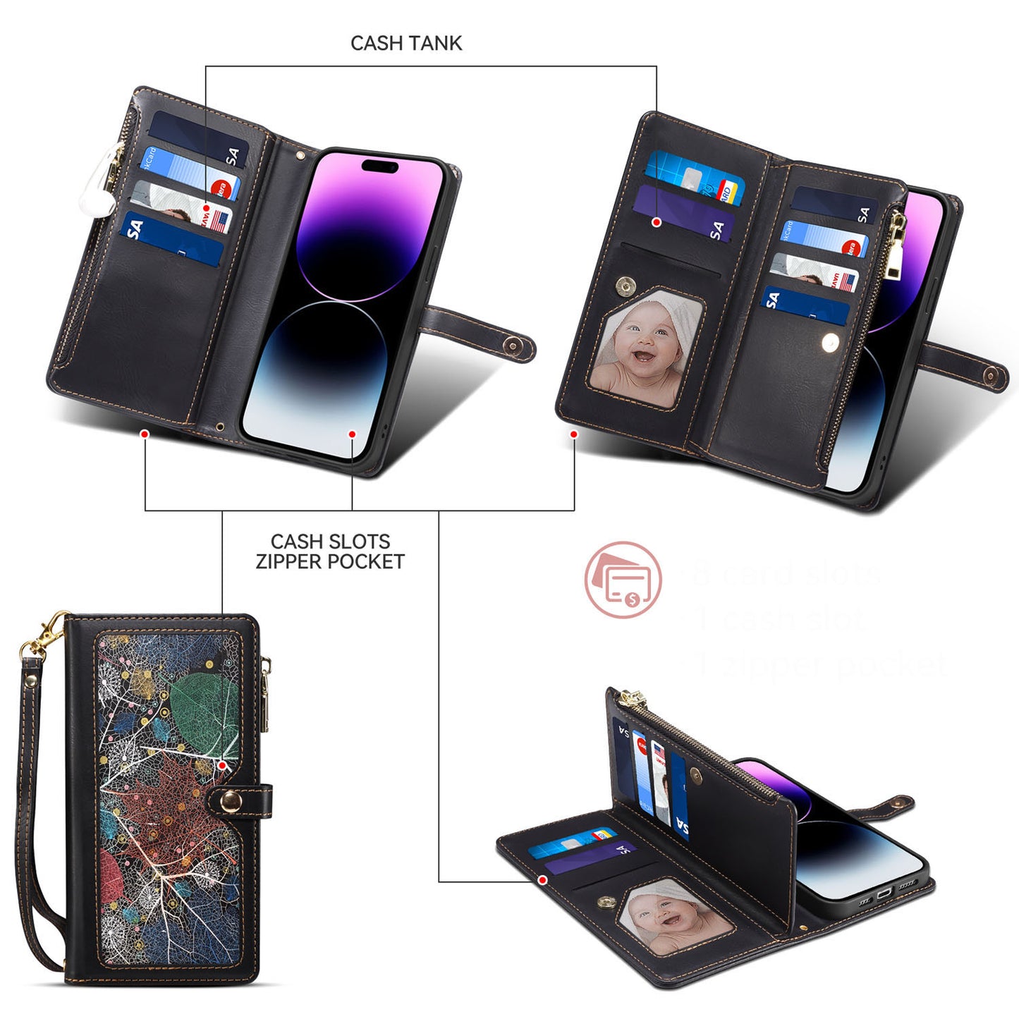 Wallet Case for Galaxy A56 A55 5G, Crossbody Phone Cover for Women, PU Leather Zipper with Wrist Strap Flip Cover - Xingyrfid Series