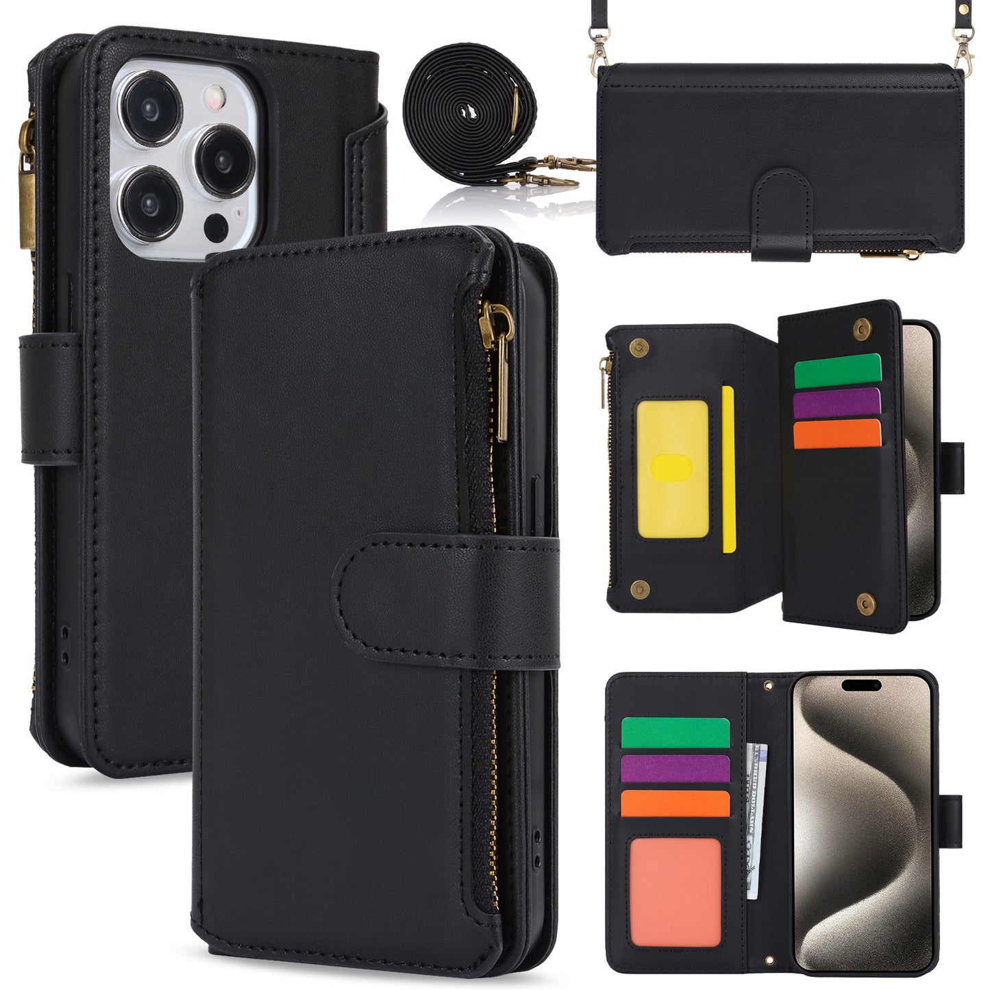 For iPhone 16 15 Pro Max Crossbody Wallet Case with RFID Blocking - Xkdkllqb Series