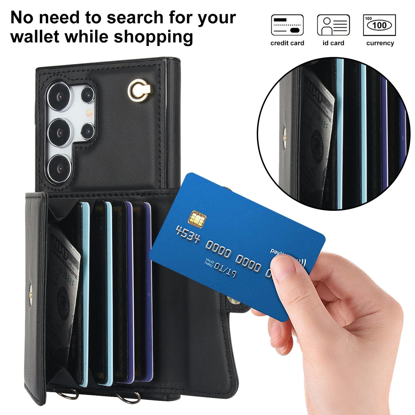 Compatible with Galaxy S25 S24 Crossbody Leather Detachable Adjustable Strap Wristlet Flip Wallet Phone Case with Card Holder - Xkfqkbgs Series