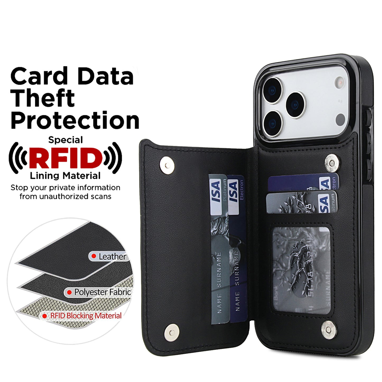For iPhone 17 16 15 Case with RFID Blocking Card Holder Magnetic Clasp Flip Cover - Xxfsk Series