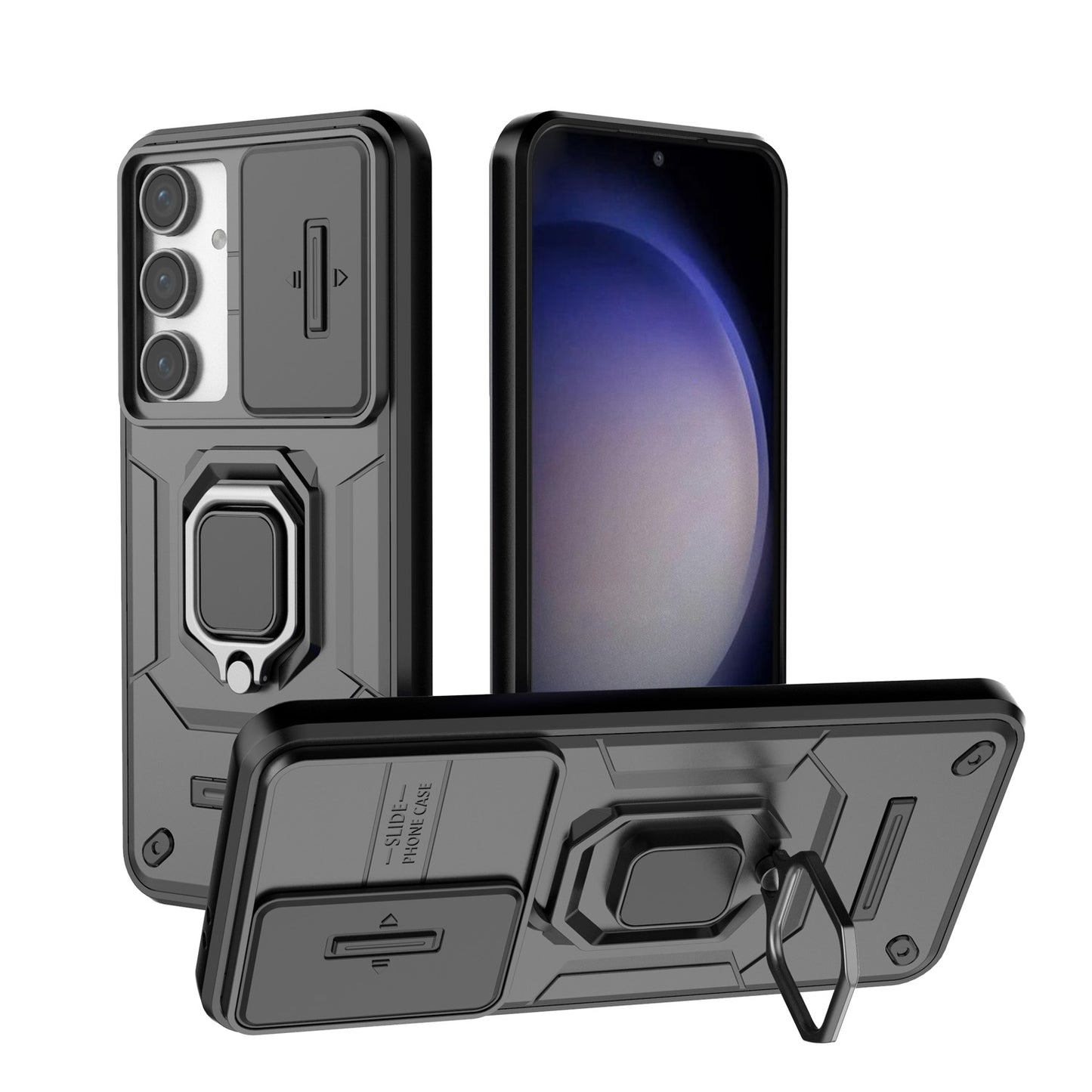 For Galaxy S25 Edge S24 Heavy Duty Shockproof Case with Built in Slide Camera Lens Cover and Kickstand - Zhandx Series