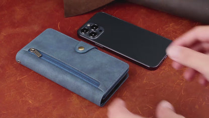 Wallet Case for iPhone 16e 15 Pro Max, PU Leather Flip Shockproof Cover with Strap Zipper Credit Card Slots - Mdkllb Series